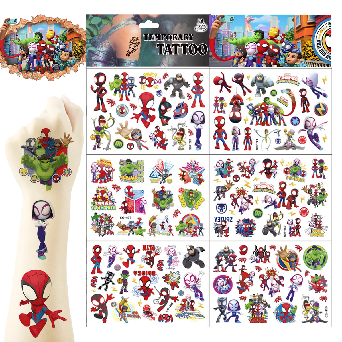 سبايدي وأصدقائه المذهلين ملصقات الوشم سبايدرمان موضوع حفلة عيد ميلاد تفضل جودي حقيبة الحشو DIY عصا ديكور المنزل