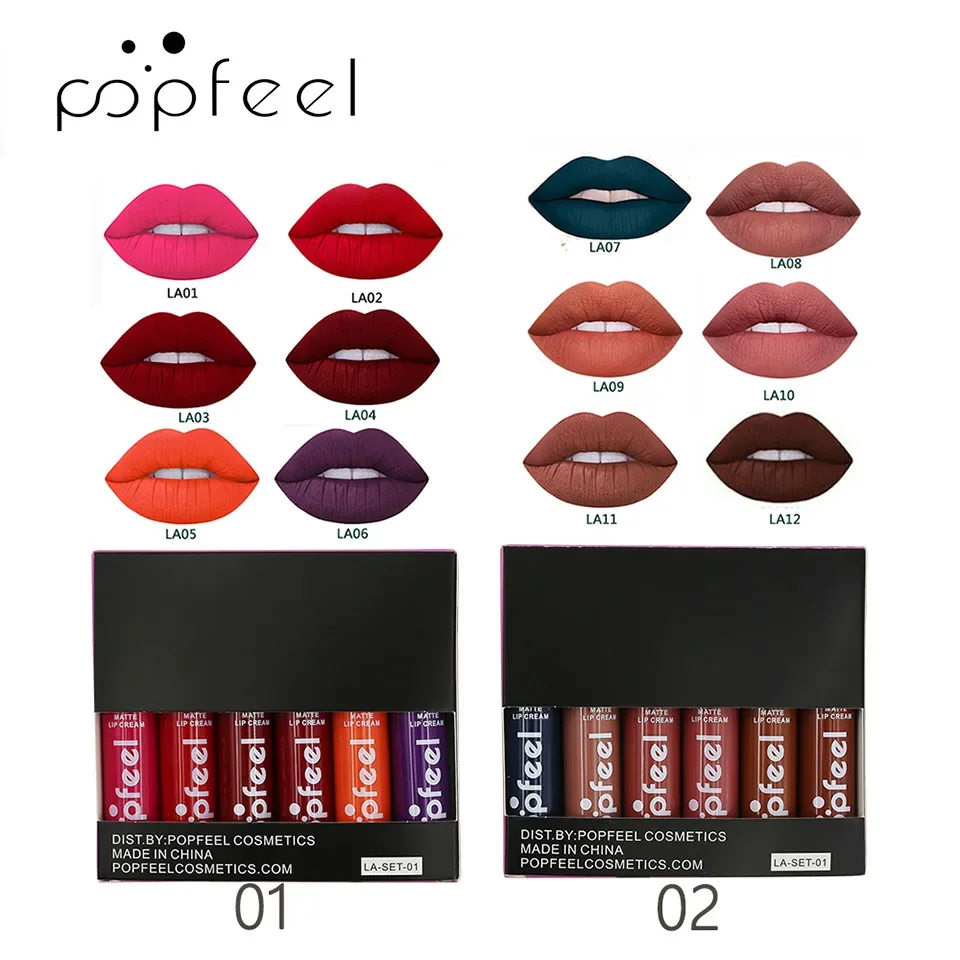 ที่ขายดีที่สุด Popfeel 6 สี/ชุด Matte Velvet ลิปสติก Lip GLOSS Non-Stick CUP Make up Llasting Liquid ลิปสติก 24 ชั่วโมงเครื่องสําอาง