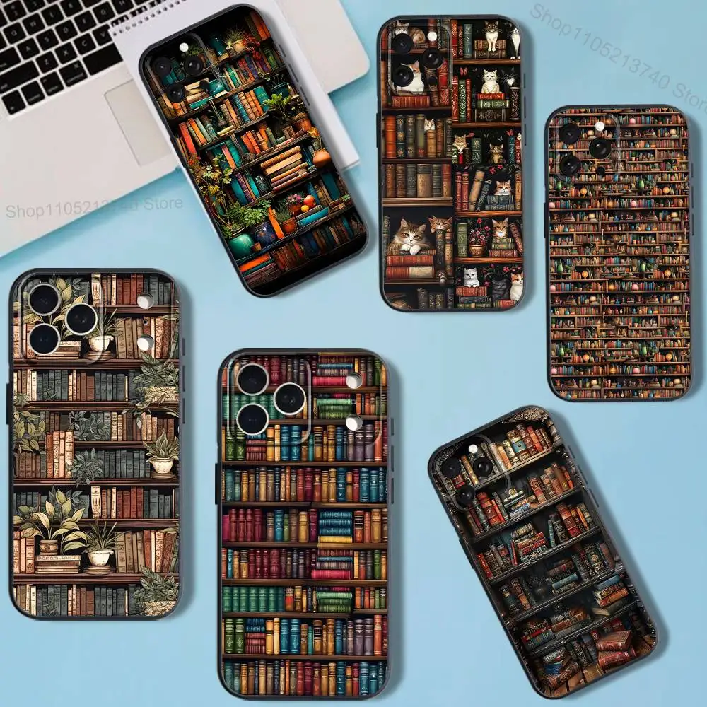 B-Book Shelf C-CreativeS  For iPhone 11,15,16,14,13,17,12,Pro,SE4,Plus,E,Max,Air,Mini Black Shockproof soft Cover Phone Case