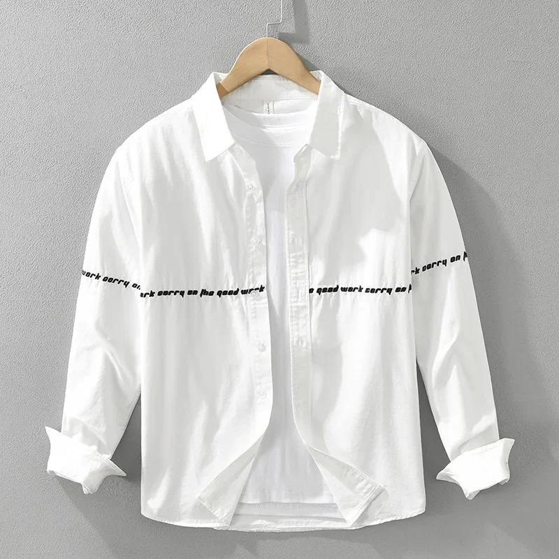 7339 Letter Embroidery Black White Shirt For Men Spring Fall Fashion Long Sleeve Casual Relax Blouses High Quality Men's Clothes