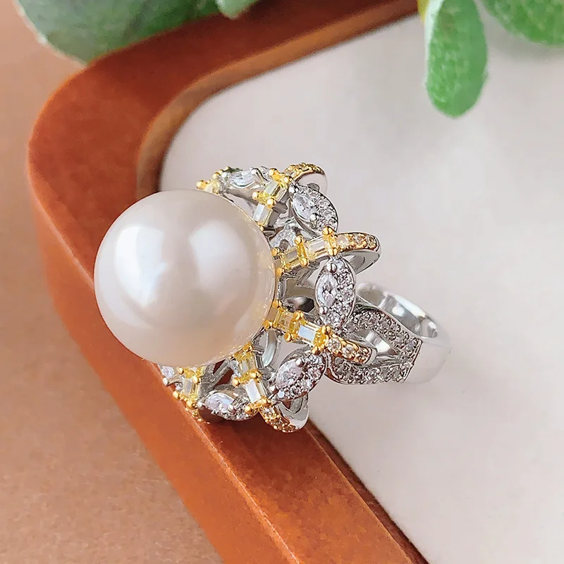 Pearl Ring Jewelry Natural Australian White Pearl South Sea Pearl Vintage Two-tone Electroplated Women's High-end