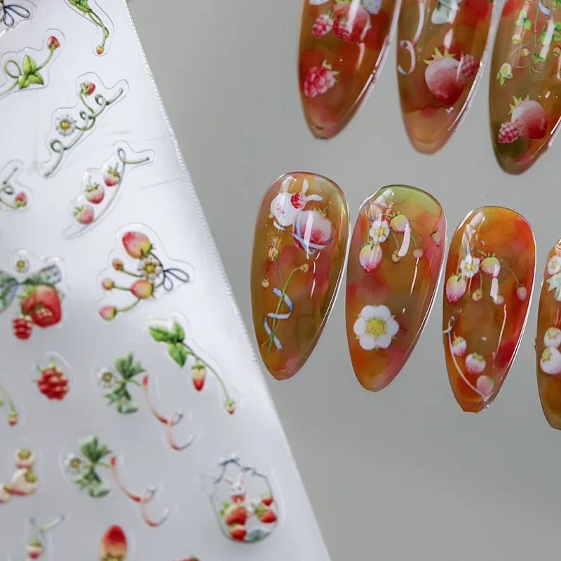 Sweet Red Strawberry Flowers Bunny 5D Soft Embossed Reliefs Self Adhesive Nail Art Stickers Lovely Rabbit 3D Manicure Decals