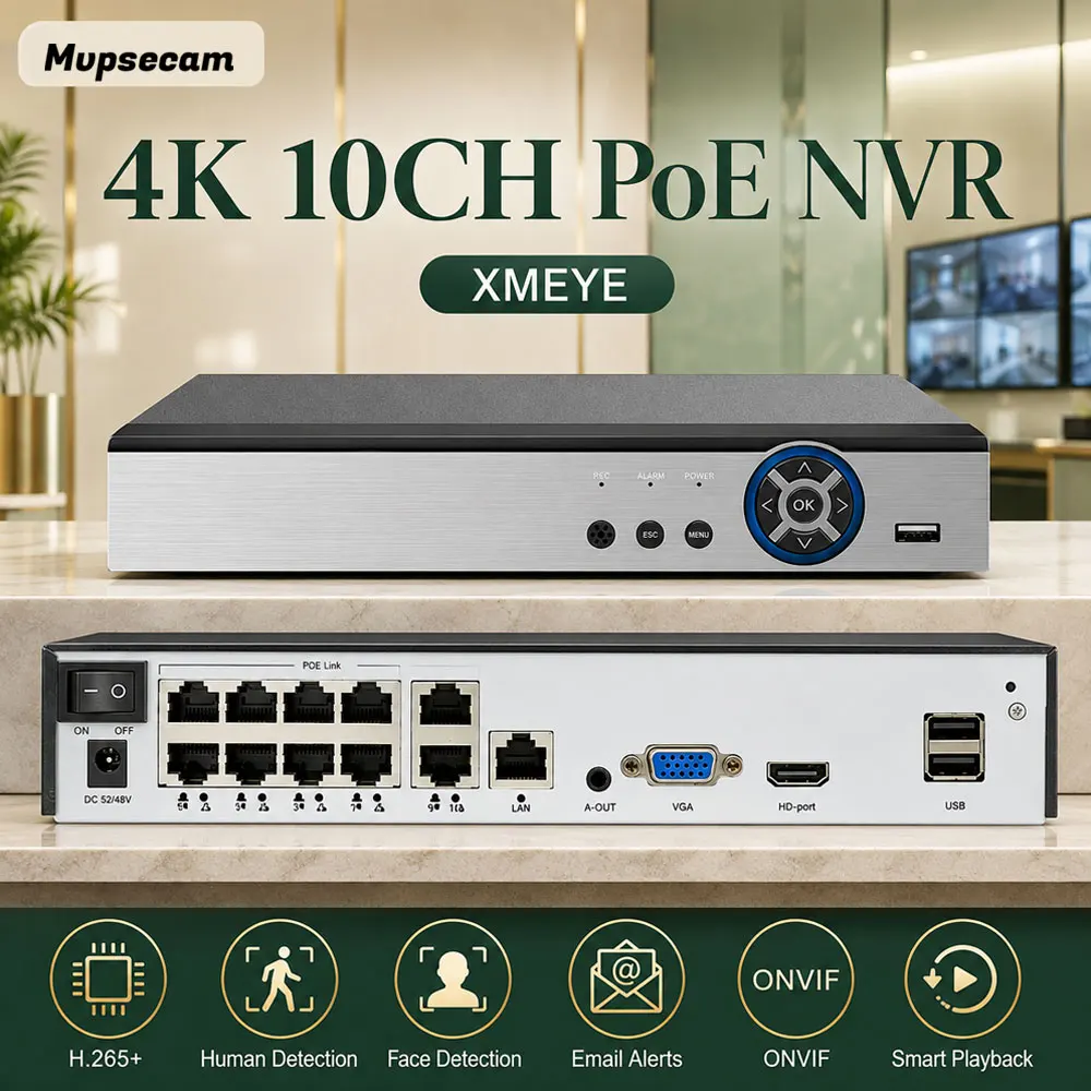 8 Channel 4K H.265 NVR CCTV Camera System POE IP Recorder Face Detection 8CH 10CH POE NVR XMEYE 8MP Network Video Surveillanc