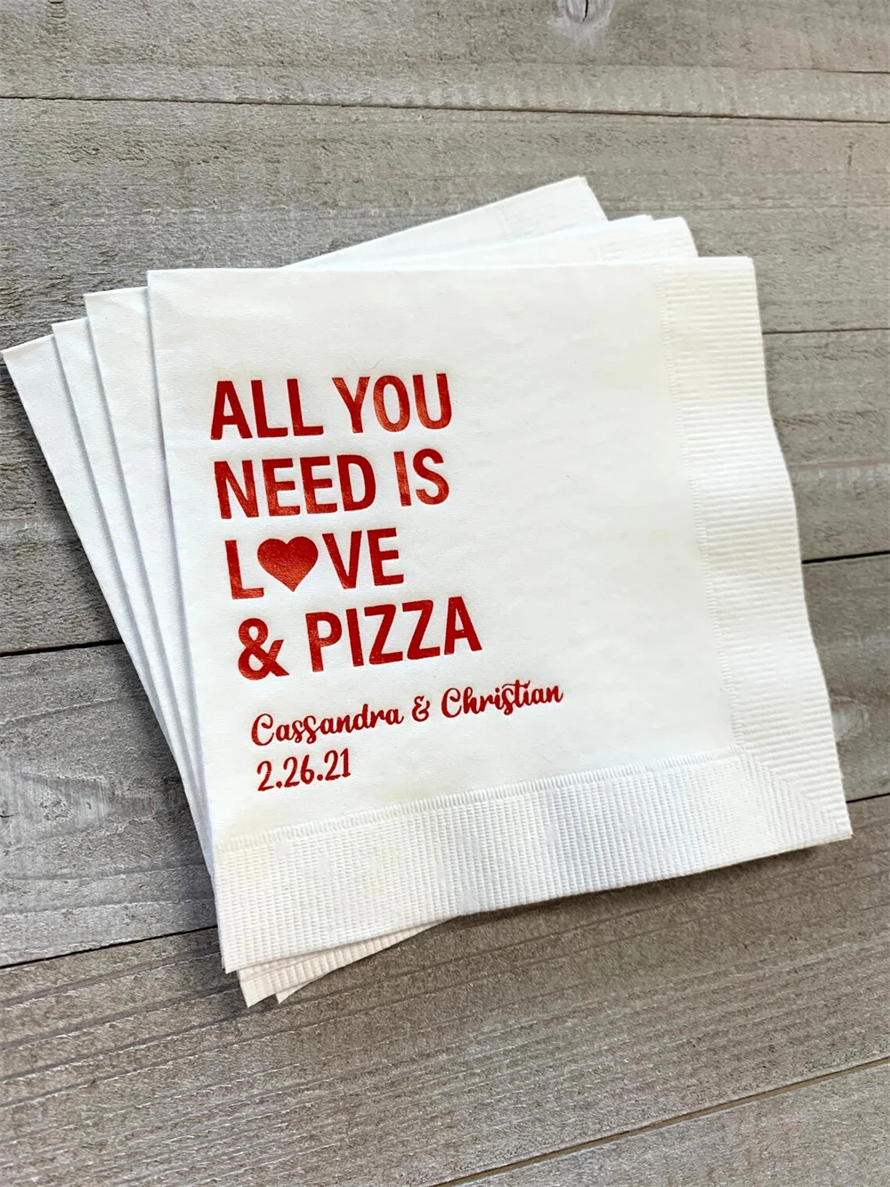 50PCS Personalized 3 Ply Wedding Napkins All You Need is Love and Pizza All Sizes Available Lots of Napkin Colors and Print Colo