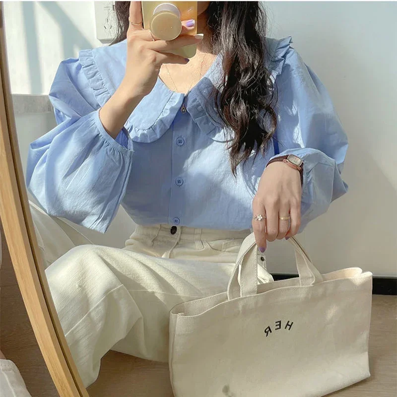 Sweet Peter Pan Collar Shirt Women Vintage Long Sleeve Blouse Female Preppy Style Yellow Blue Loose  Buttons Youth Tops 2023 Y2k