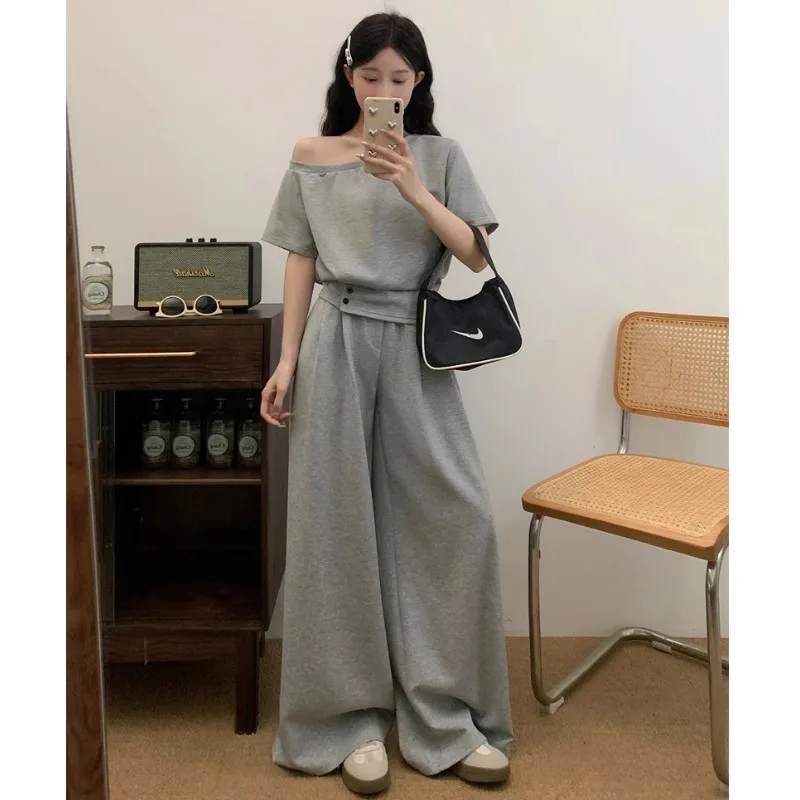

plus Size Summer Outfit Grey Asymmetrical Shoulder Hoodie And Wide Leg Pants Two Piece Set Women's Fashion Casual Style