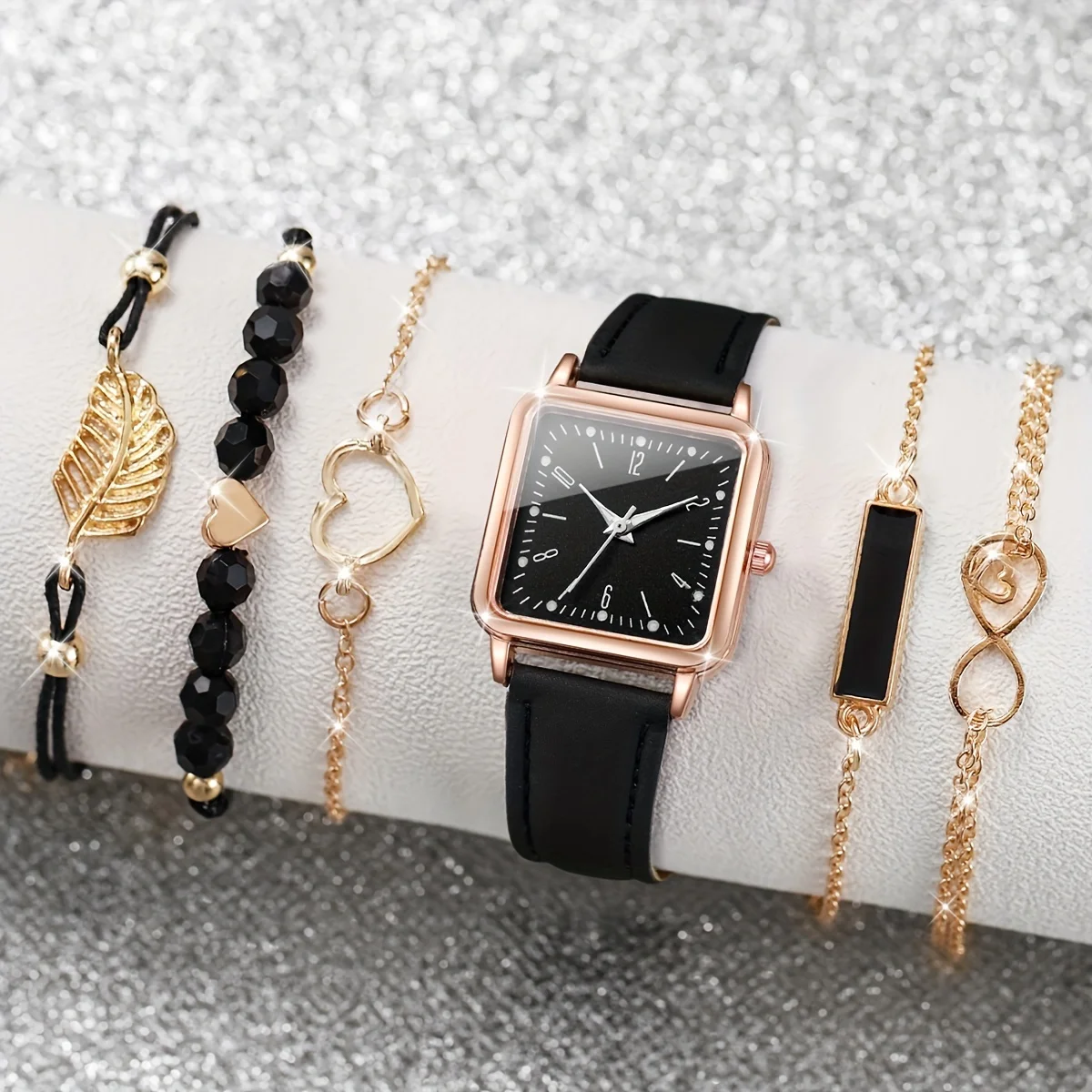 女性のシックなスクエアクォーツ時計、アナログPUレザーストラップ、魅惑的なハートリーフブレスレット、スタイリッシュ、6個セット