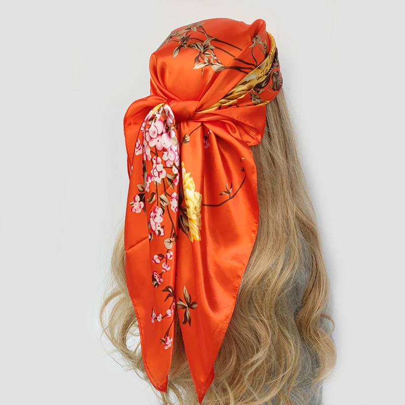 Silk Head Scarf Women Luxury Fashion Hair Scarve Beautiful Foulard Soft Satin Shawl Kerchief 90cm Square Neck Headscarf Bandana