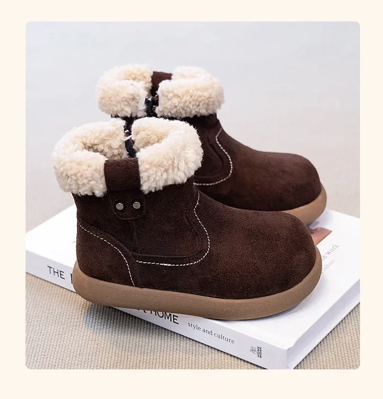 Children Fuzzy Fleece Lined Winter Snow Boots Side Zipper Suede‑look Warm Short Ankle Boots