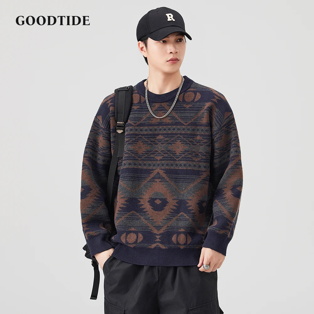 2025 Winter New Fashion Men's Ethnic Geometric Pattern Sweater Retro Crew Neck Knitted Pullover Soft Long Sleeve Jumper Top