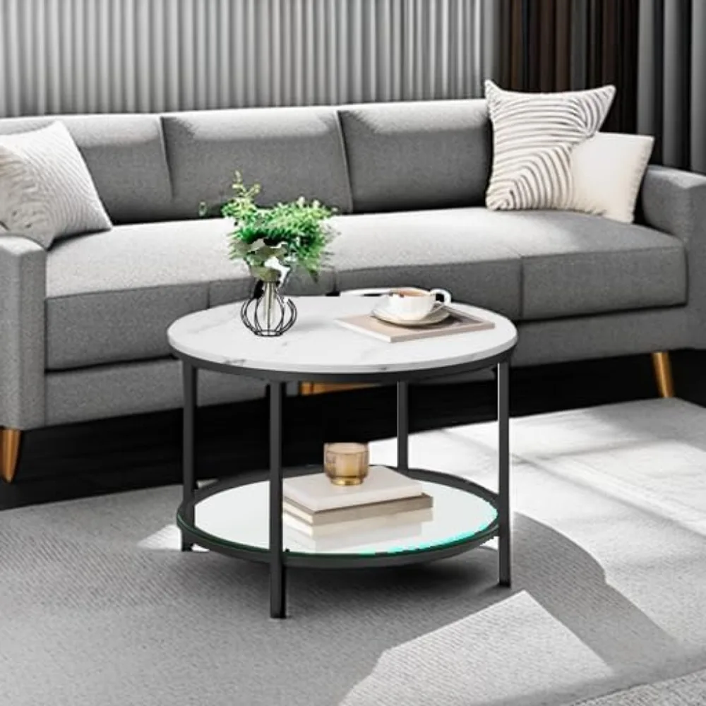 Tavolino da caffè contemporaneo a doppio livello con superficie in finto marmo e ripiano in vetro, adatto per il soggiorno, 25,6 pollici