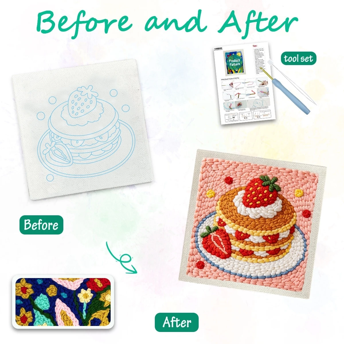 1 Set Erdbeer-Pfannkuchen DIY-Stickerei-Set für Anfänger, Stickerei-Starter-Kit, Kreuzstich-Kunstgeschenk, Handarbeits-Bastelset – Detail 1