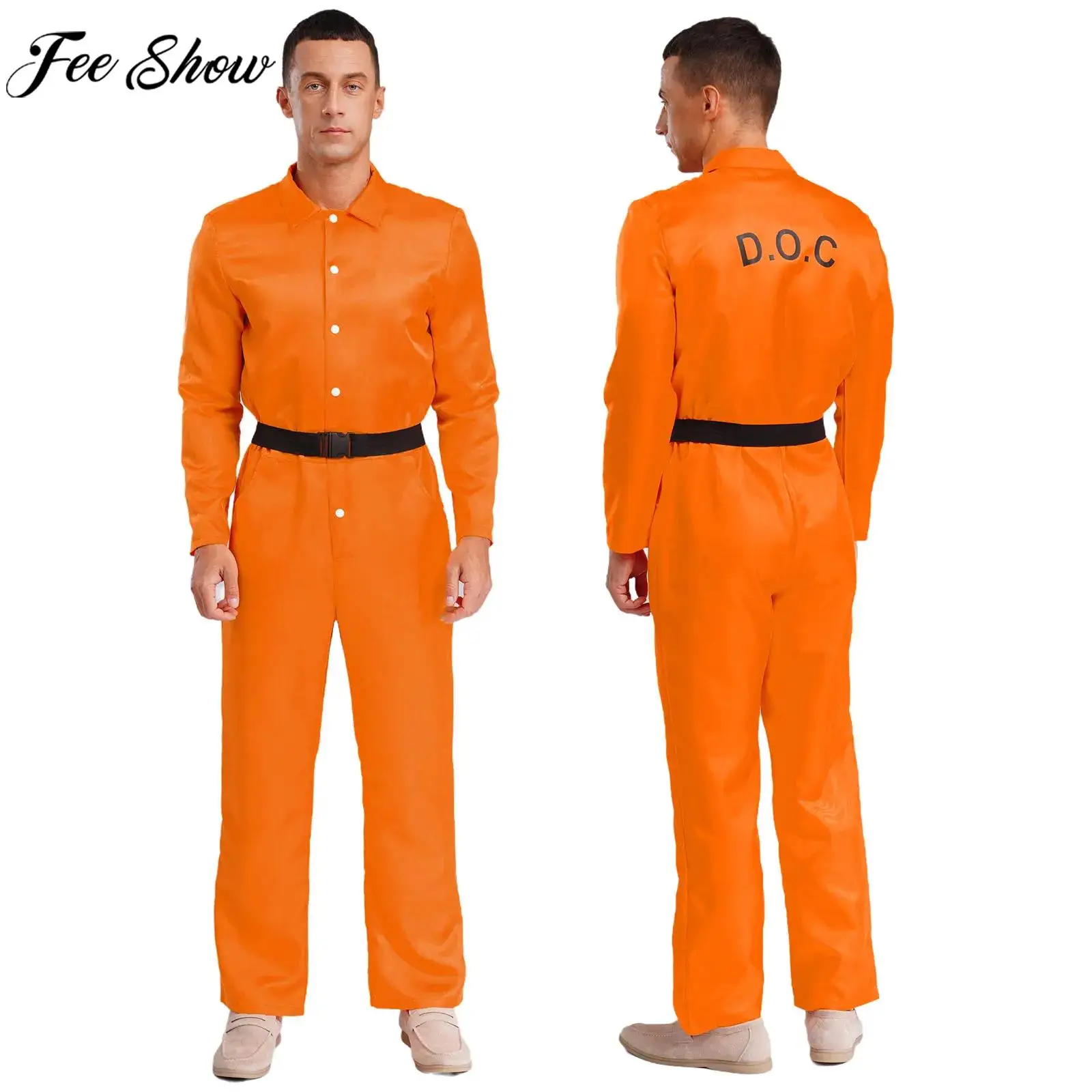 Adult Halloween Theme Party Prisoner Cosplay Costume Prison Jailbird Convict Uniform Long Sleeve Orange Jumpsuit with Belt