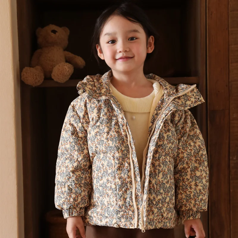 2024 Winter Girls Floral Down Jackets Baby Cold Proof Thickened Warm Jacket With 90% Down Boys Short Hooded Coats