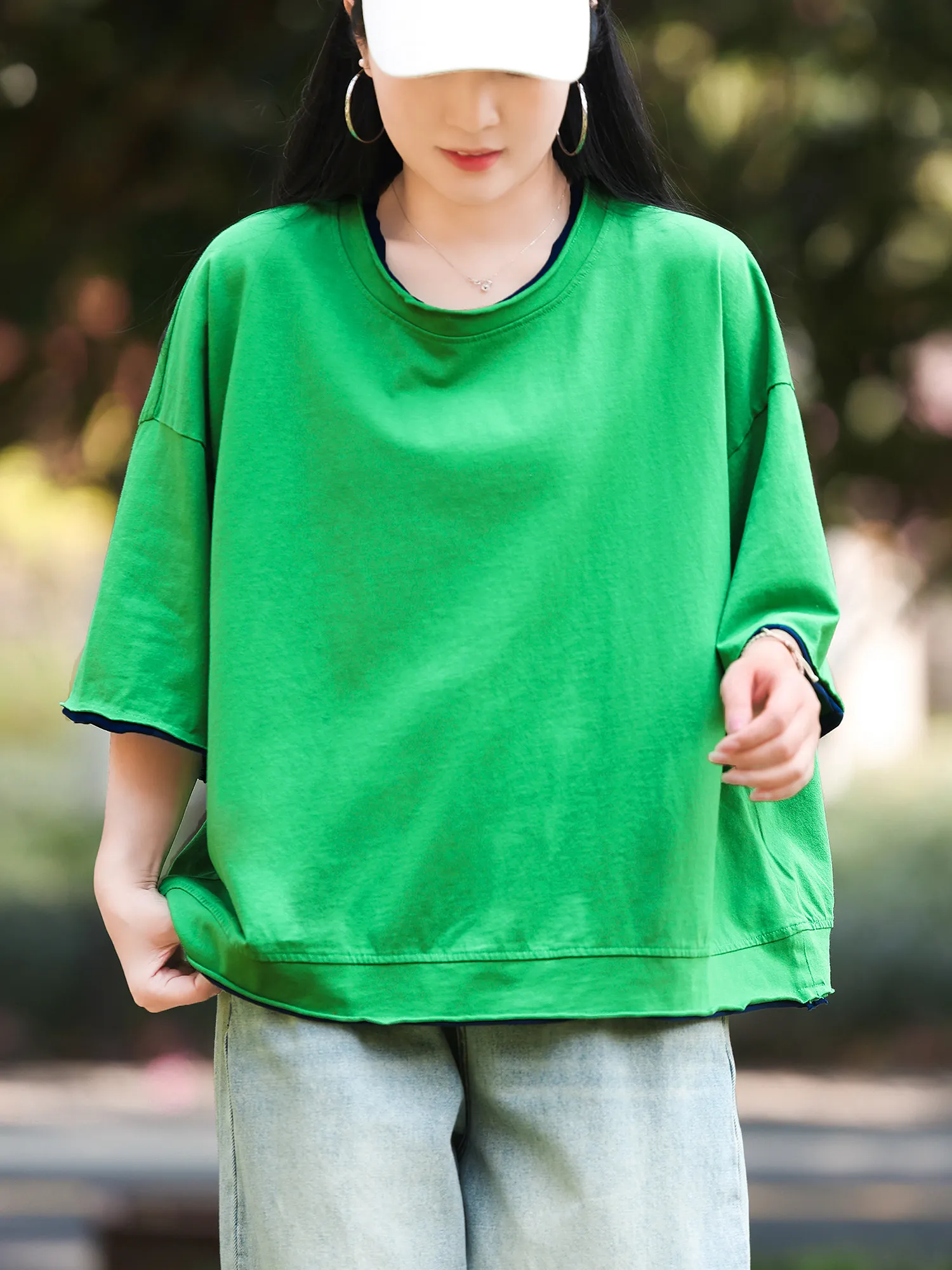 

2026 Summer New Women's T-shirt Splicing Casual Round Neck Oversized Top