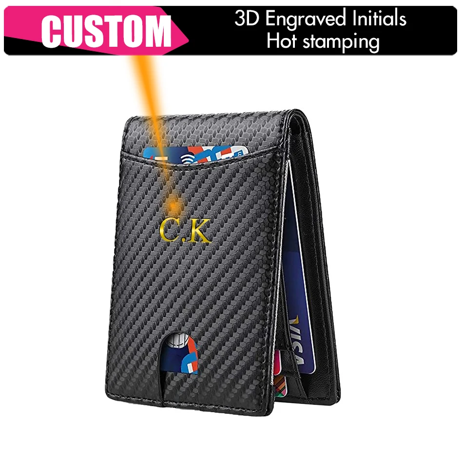 

Personalized Custom Initials Name Rfid Carbon Fiber Card Holder Wallets Men Business Small Mini Money Bag Leather Wallet for Men