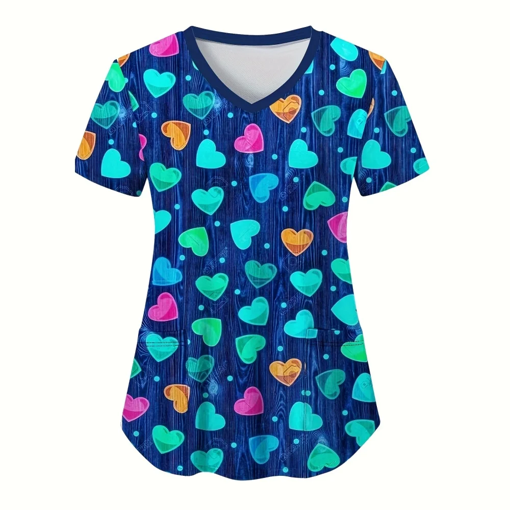 Clinical Uniform Woman Elegant Heart Print Health Care Scrub Uniform Trends V-Neck Short Sleeve Dental Nursing Uniform for Women