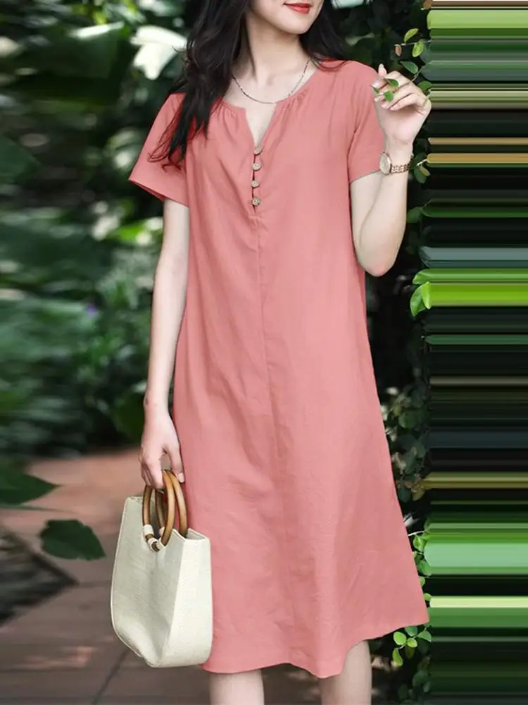 ZANZEA Summer Women Short Sleeve Dress Fashion V-Neck Party Holiday Vestidos Robe Femme Casual Loose Cotton Sundress Oversize