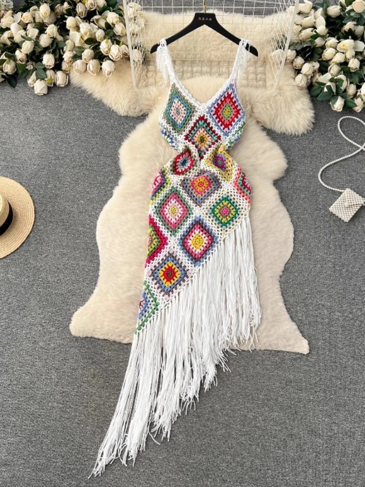 

Women Fashion Sexy Vintage Bohemian Ethnic Style Fake Party Beach Dress Summer Irregular Hollow Hook Flower Tassel Sling Dresses