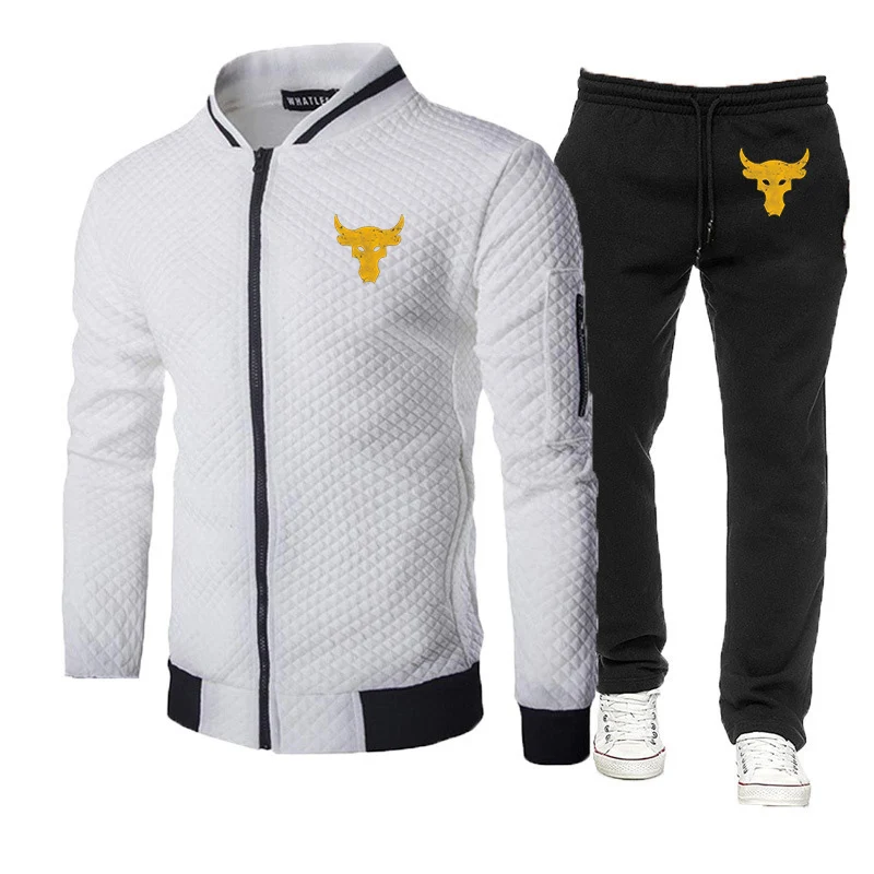 Dwayne Johnson Brahma Bull Tattoo Logo Print Spring Autumn Mens  Popular Round Neck Jacket Sportswear+Sweatpants Slim Sports Set