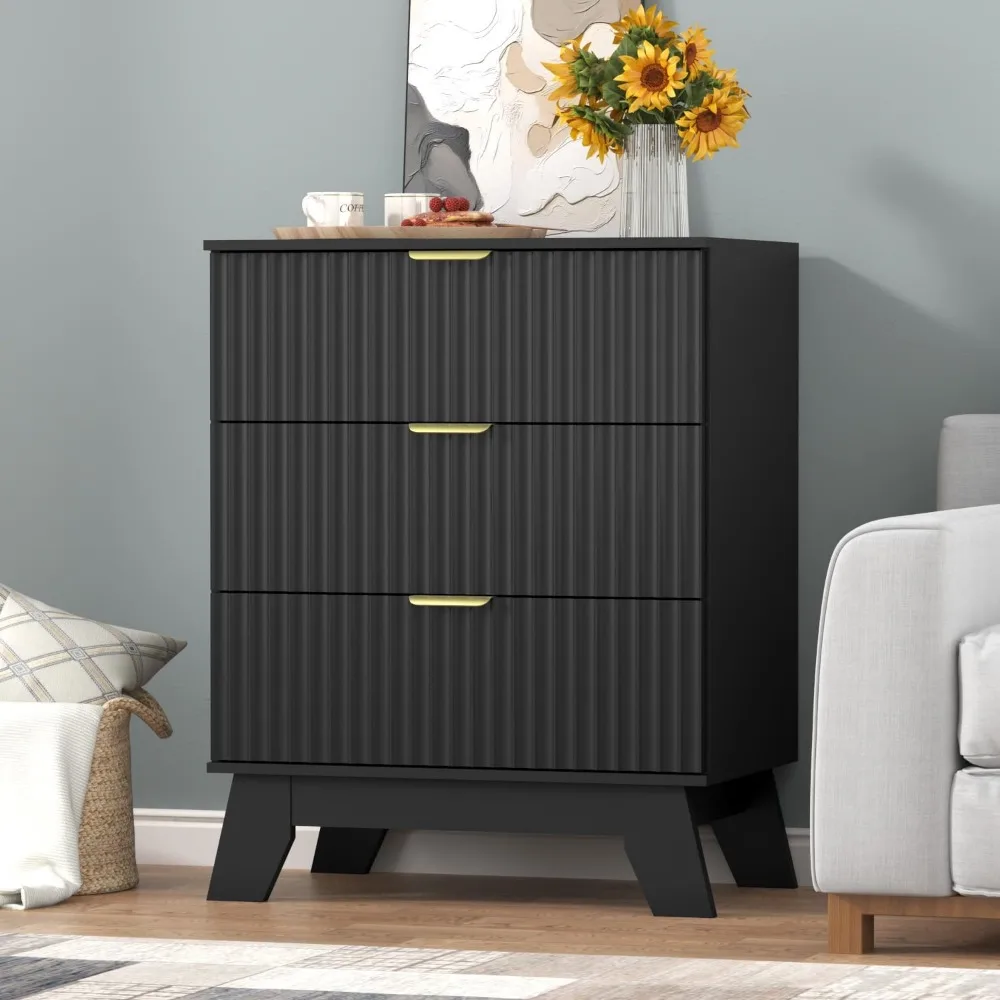 

Fluted Dresser for Bedroom,3 Drawer Dresser for Closet,Storage Cabinet and Chest of Drawers with Gold Handle,TV Stand,Storage Or