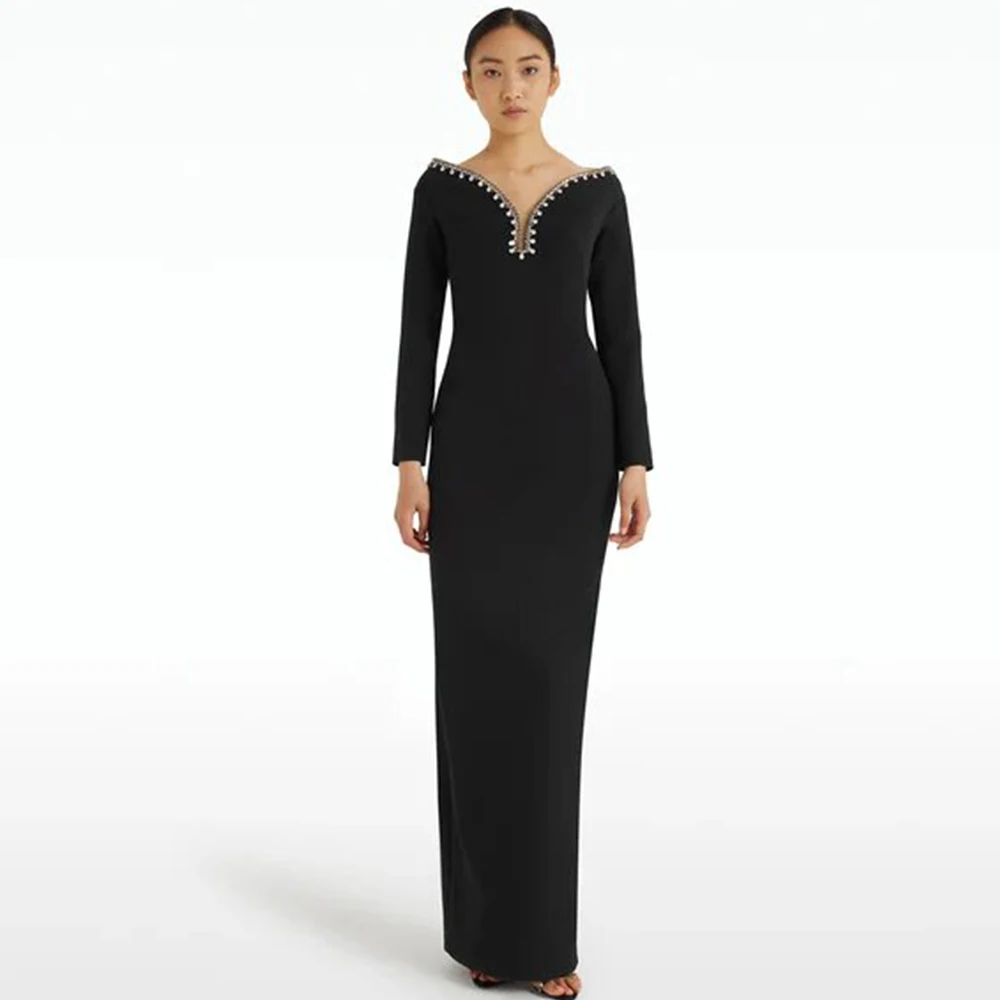 

Exquisite Formal Dress Women Black Jersey Rhinestone Bespoke Occasion Gown Column&Sheath V-neck Ankle Length Dresses