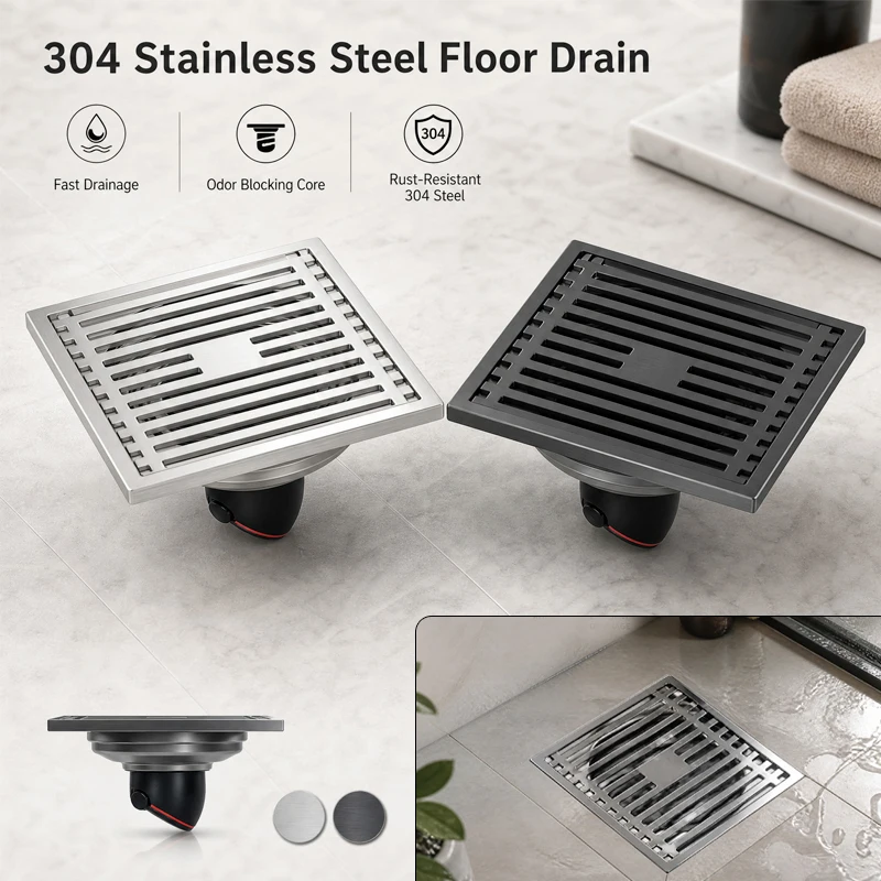 10x10cm Stainless Steel Square Floor Drain Grated Shower Waste Drainer Anti Odor Hair Strainer Bathroom Kitchen Wet Room Cover