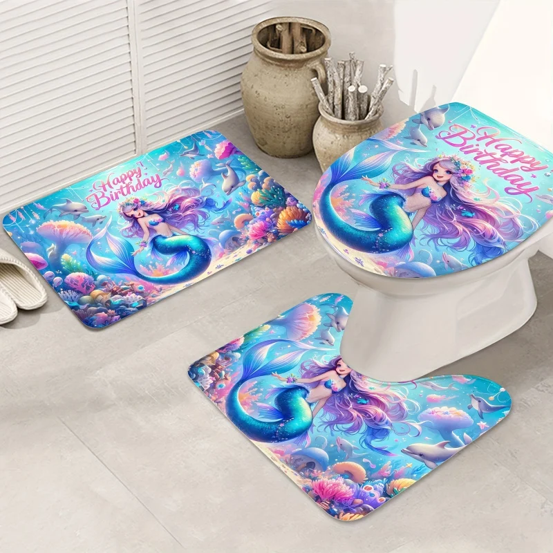 ZSCFBJM Happy Birthday Mermaid Ocean Theme 3-Piece Bath Rug Set - Flannel Non-Slip Bathroom Mats, Knit Weave Christmas Holiday B