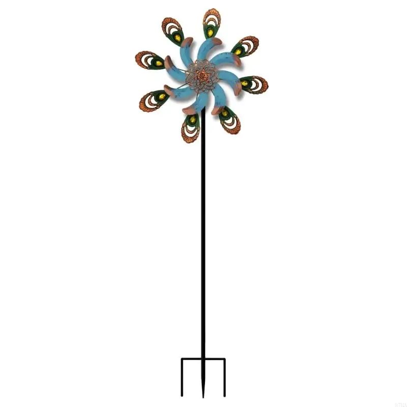 Three-Point Iron Lawn Stake with Teal Flower Center, Garden Wind Sculpture Designed for Breeze-Turned Decorative Motion 87HA