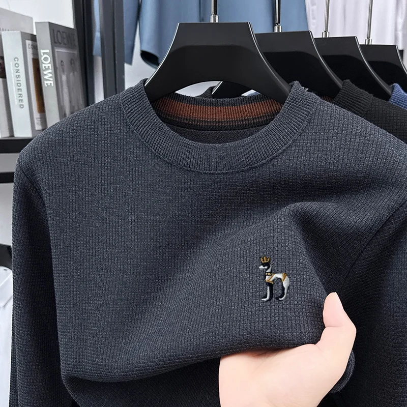 جودة فاخرة رجل طويل الأكمام تريكو جولة الرقبة الصوف مبطن سميكة غير تشوه رائعة التطريز الشتاء الساخن MenTops #4