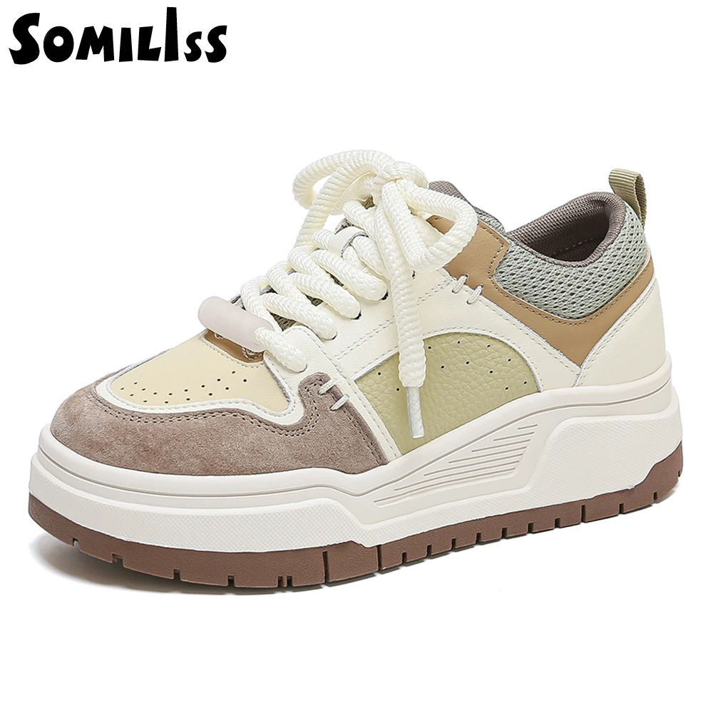 SOMILISS Platform Sneakers for Women Leather Suede Microfiber Leather Patchwork Round Toe Lady Fashion Causal Non Slip Shoes