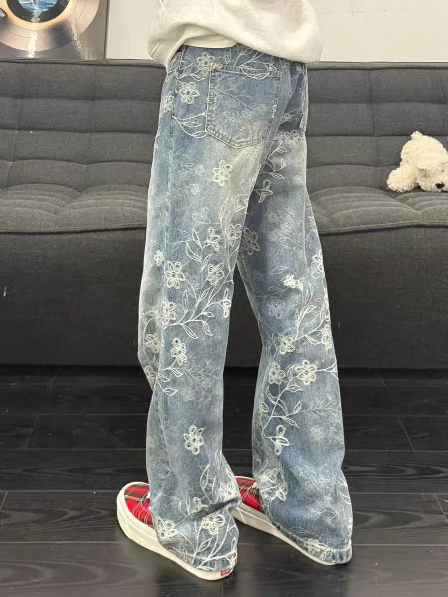 

American High Street Retro Vibe Floral Print Denim Pants Loose Slimming Bell Bottoms Unisex Casual Straight Leg Jeans