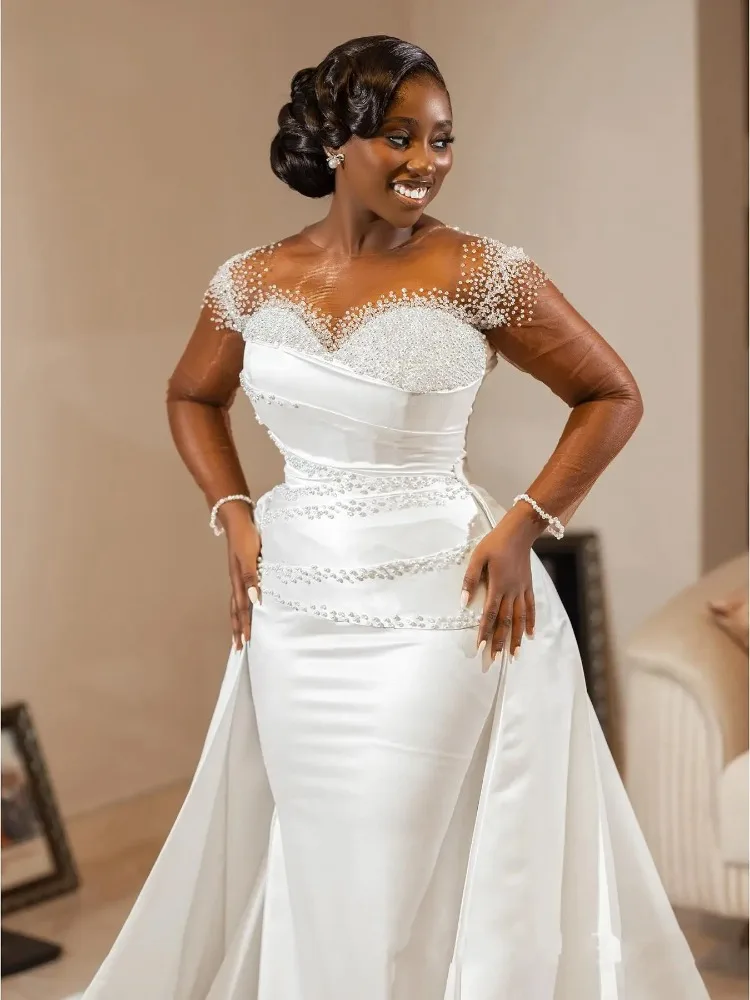 Elegant Pearls Mermaid Wedding Dresses African O-neck Long Sleeves Satin Bridal Gowns with Removable Train Vestido de novia