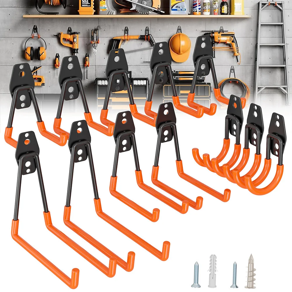 Confezione da 12 ganci da parete in acciaio resistente per garage, appendiabiti multiuso con rivestimento antiscivolo, organizer in metallo per attrezzi, biciclette, scale e attrezzi da giardino.