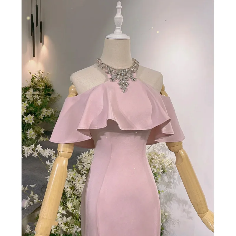 Women Pink Wedding Dresses Long Mermaid Party Ball Gown Vintage Prom Toast Clothing Robe