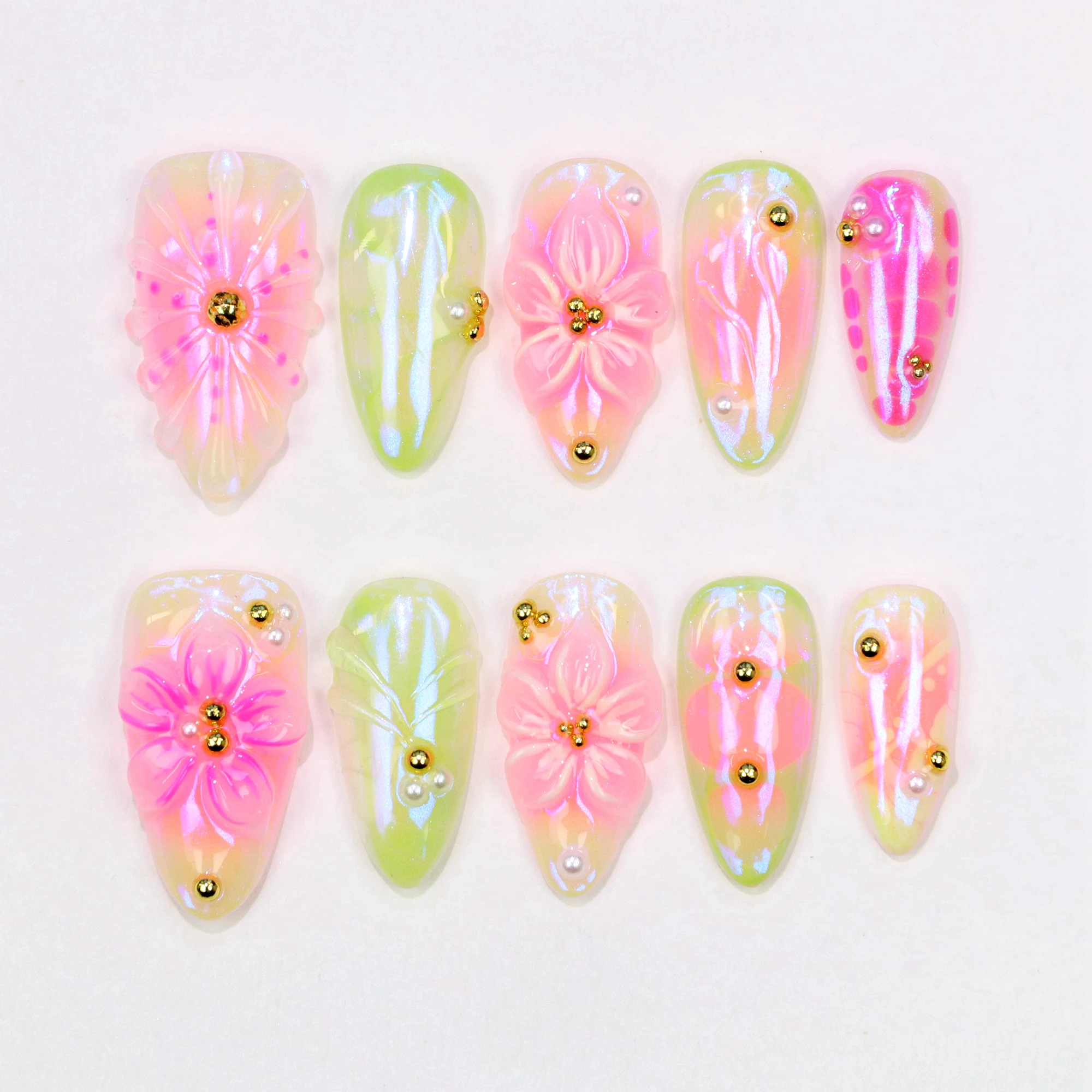 

10 шт. Y2K ручная роспись в свободном стиле пресс для ногтей, 3D акрил роскошный королевский красивый Y2K цветы витражи миндаля пресс праздничные ногти