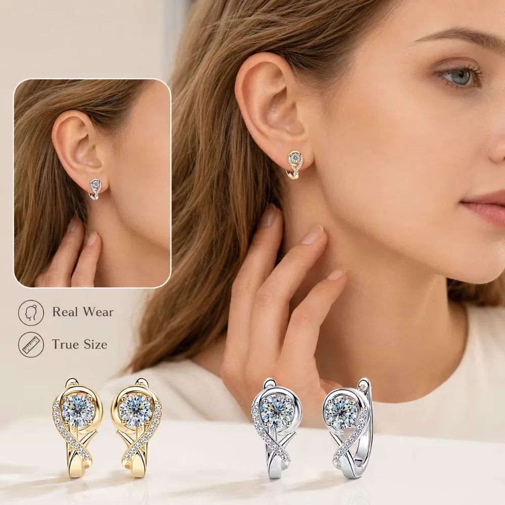 S925 Sterling Silver Moissanite Hoop Earrings 1.1CT Total Round Cut Swirl Pave Huggie Earrings Fine Jewelry Gift for Women