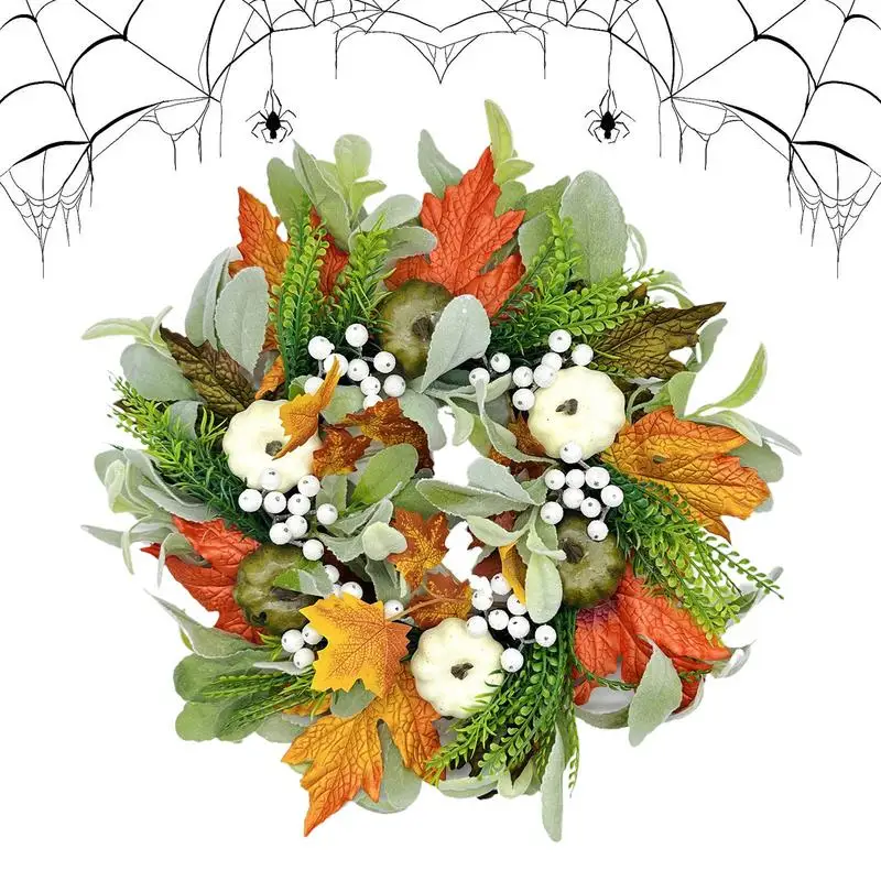 Fall Door Wreath Autumn Door Wreath With Maple Pumpkin Berry Thanksgiving Fall Artificial Autumn Garland For Indoor/Outdoor