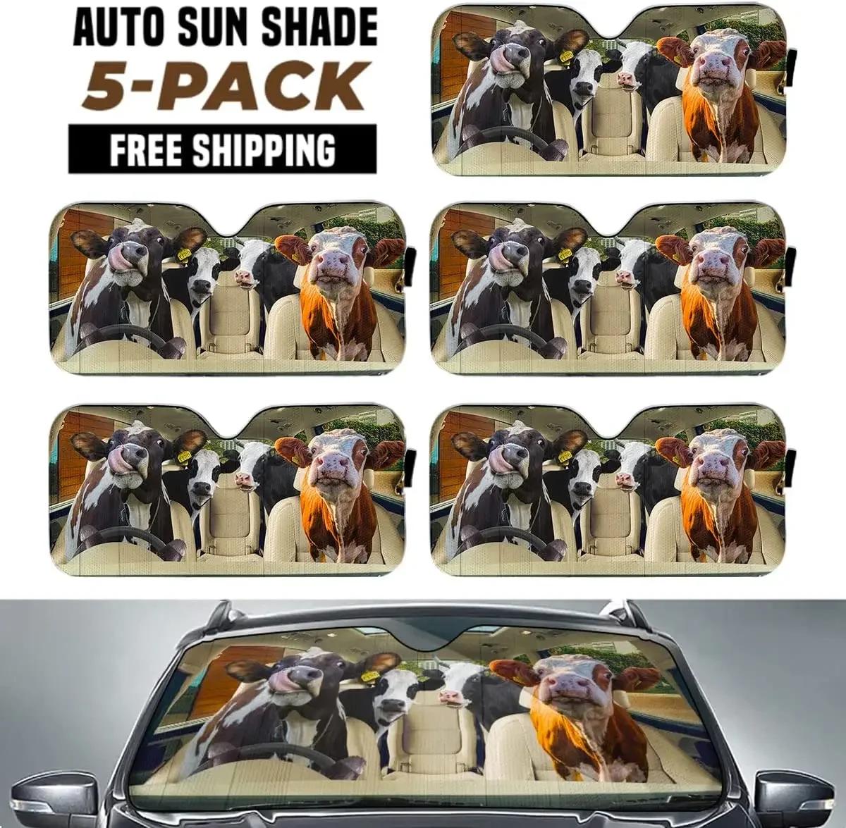 Funny cow glasses family driving car sunshade car windshield for uv sun protection front window sunshade