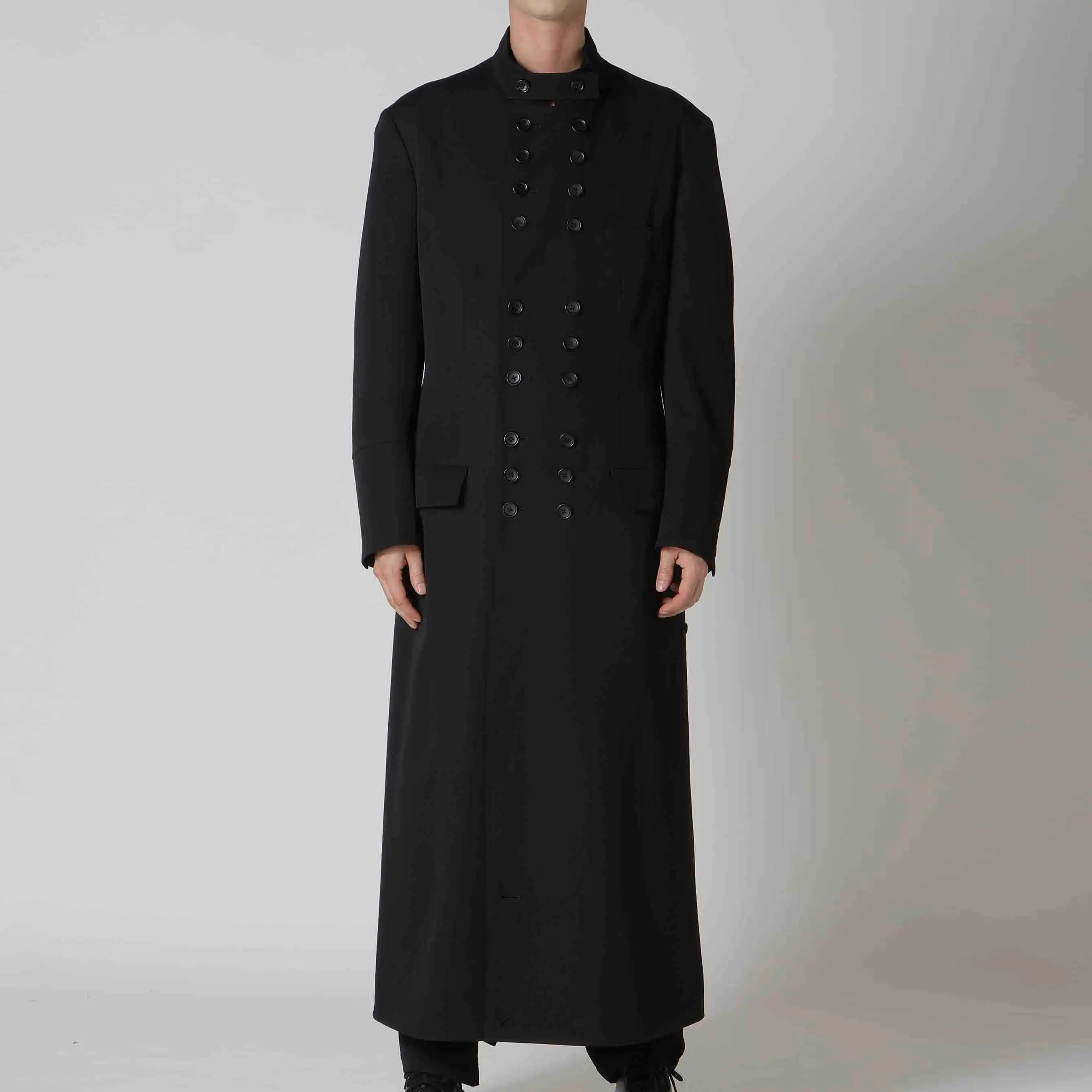 

YOJI OOAK design double breasted stand up collar long jacket with button decoration straight tube black casual coat for men