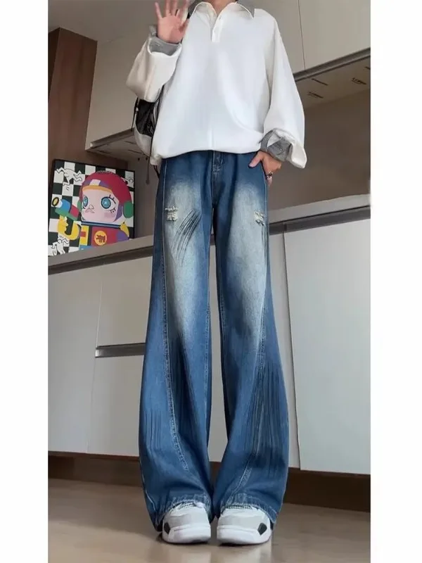 

Мужские зимние джинсы Deep Blue с эффектом потертости и дырками, в американском стиле, модные, прямого кроя, повседневные, свободные, молодежные