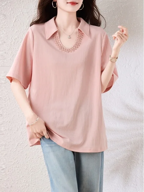 

Fashionable Casual Pure Color Short Sleeve T-Shirt with Button up Collar Large Size Women's Top Summer New Style All Matched ...