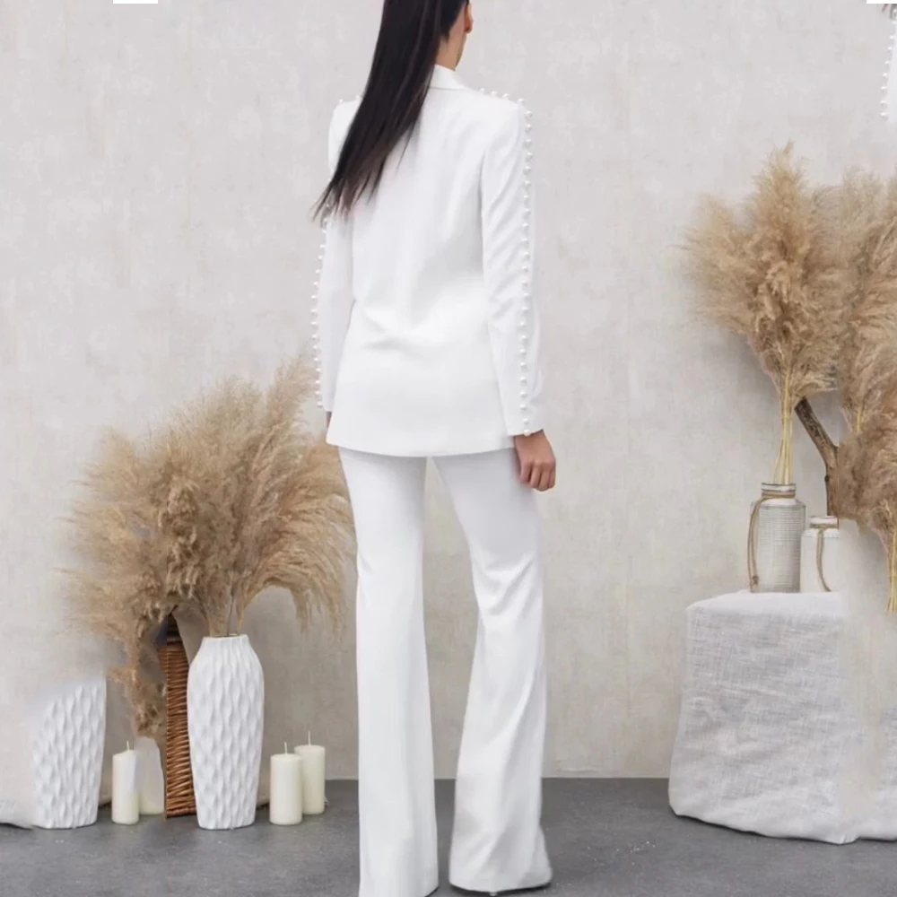 Unique Stunning Runway Design Pearl Beaded White Blazer Suit 2Pcs Flare Pants Sets Women Fashion Clothing