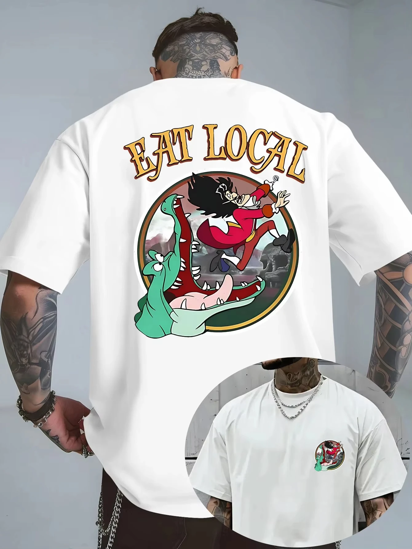 

Men'S Disney Peter Pan & Captain Hook Crocodile Graphic T-Shirt Eat Local Pirate Design Breathable Lightweight Fabric