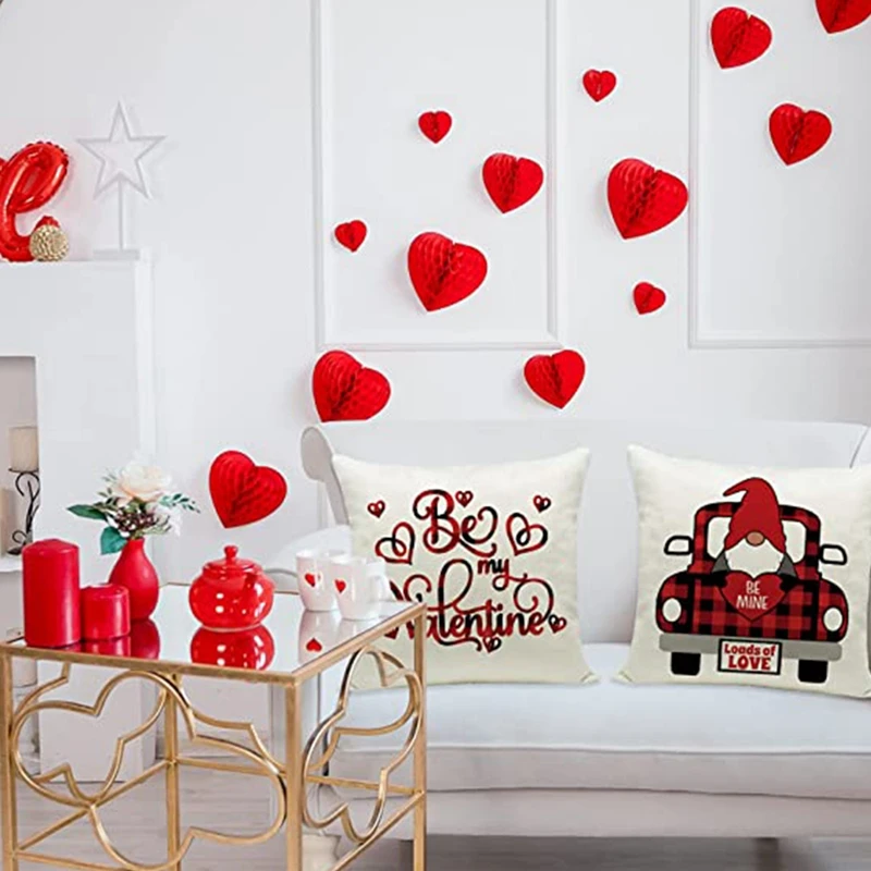 4Pcs Valentine's Day Pillow Cover 18X18 Inch Plaid Valentine's Day Ornament Red Heart Tree And Love Throw Pillowcase