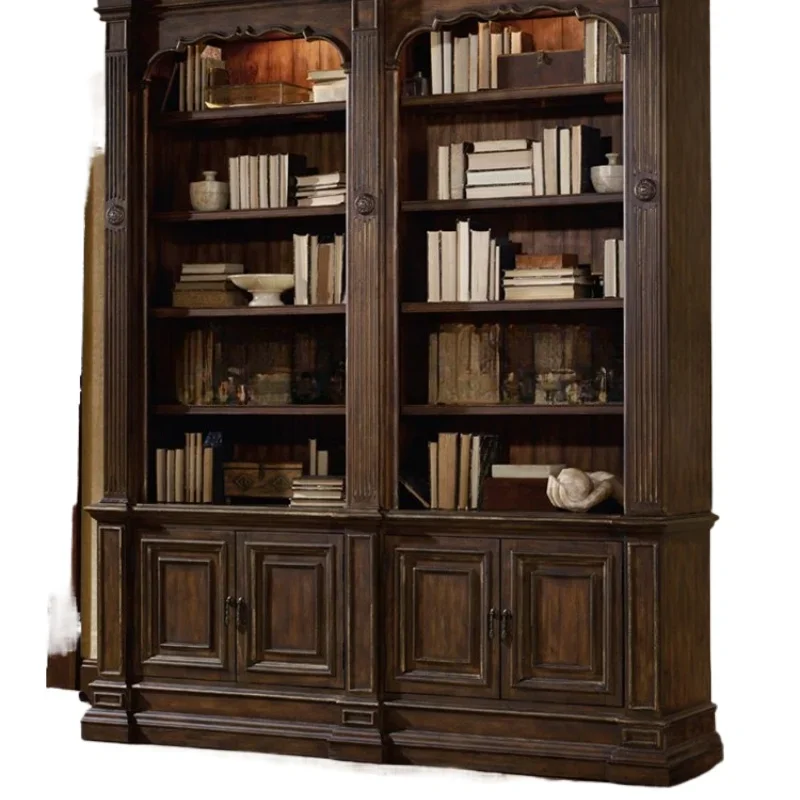 

American rural solid wood carving flower bookcase, solid wood furniture study retro old oak with ladder locker