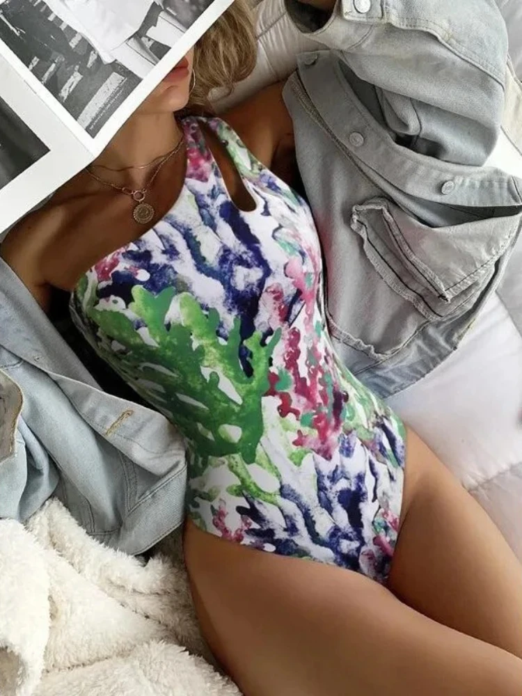 المرأة مثير التعادل صبغ طباعة قطعة واحدة ملابس السباحة التدرج الجوف خارج واحد الكتف ارتداءها رفع Monokini قطعة واحدة ملابس السباحة