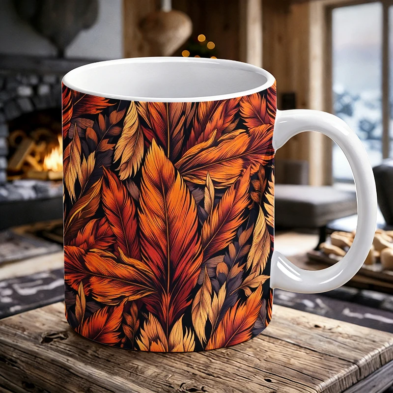 

Trendy All-Over Print Vibrant Autumn Fall Leaves Ceramic Coffee Mug, Dark Black Moody Foliage Novelty Tea Cup, Gift for afriend