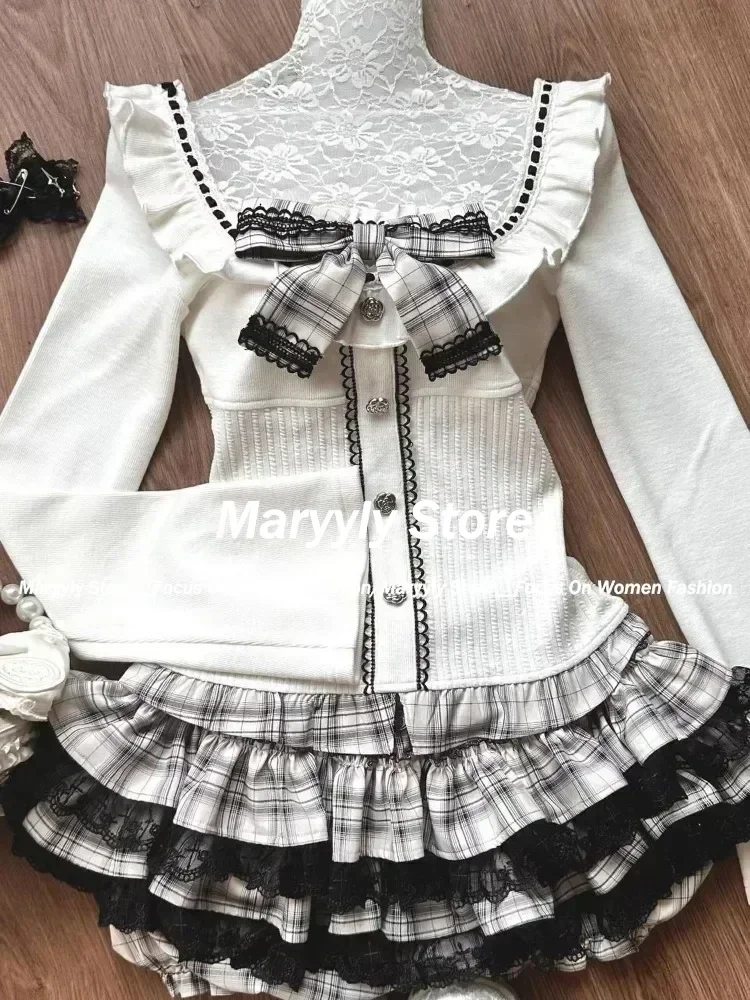 Japanisches Vintage süßes 2-teiliges Set Damen Kawaii Patchwork Schleife schlanke gestrickte Tops + Spitze karierter Minirock Herbst Winter Outfits