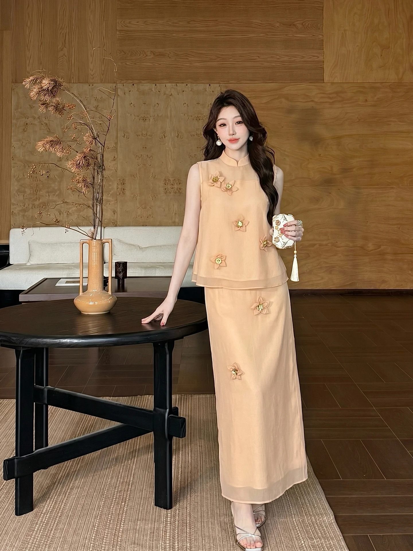Lingshan Zhihe Golden Osmanthus New Chinese Style 3D Flower Set Skirt Net Shirt Women Summer High Waist Half Skirt